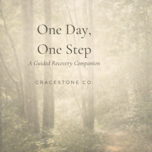 One Day One Step guided recovery journal cover by GraceStone Co featuring a soft forest path in warm neutral tones