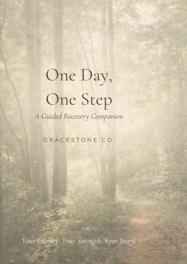 One Day One Step guided recovery journal cover by GraceStone Co featuring a soft forest path in warm neutral tones