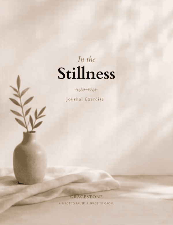 Cover of the In the Stillness Journal Exercise by GraceStone featuring a neutral background and a simple vase with leafy branches.