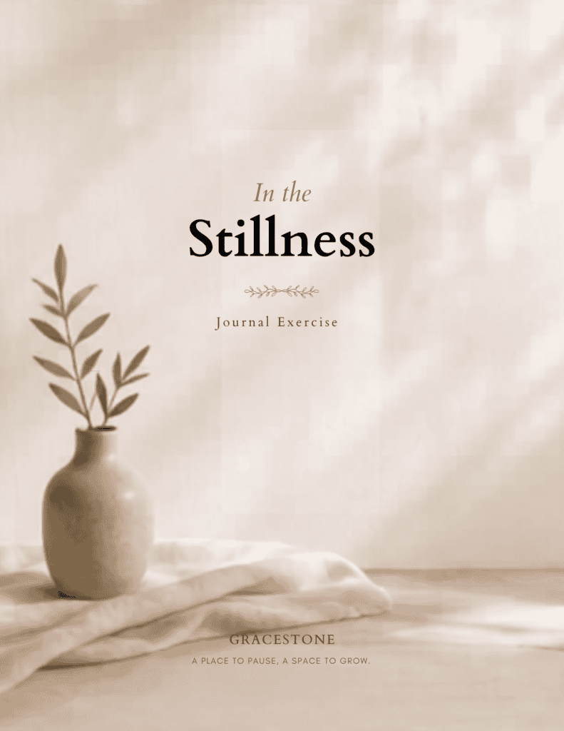 Cover of the In the Stillness Journal Exercise by GraceStone featuring a neutral background and a simple vase with leafy branches.