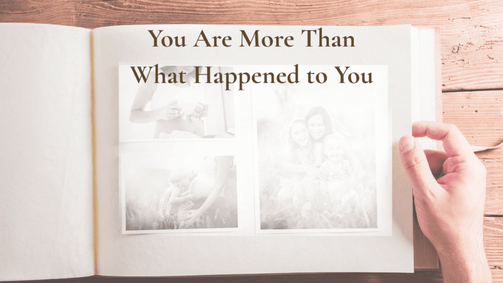 A person reflecting over an open journal and photographs, representing the story of who they were before life changed
