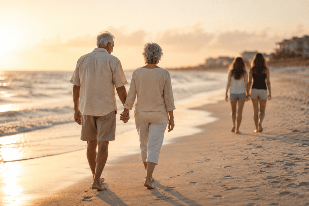Old couple holding hands walking along the beach.