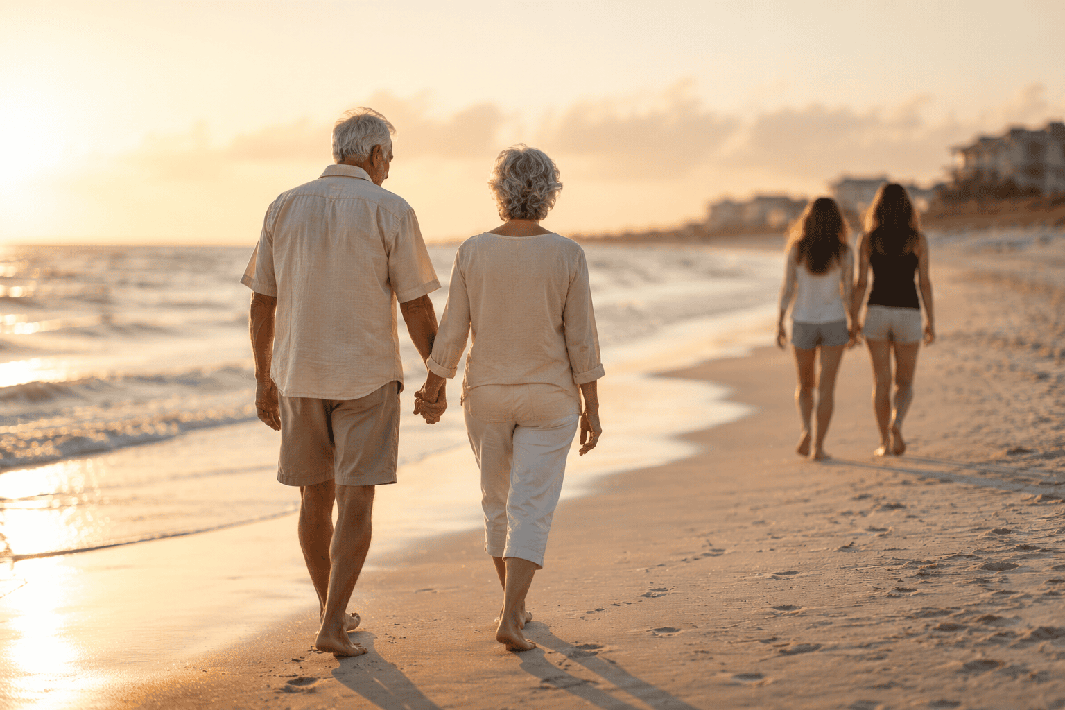 Old couple holding hands walking along the beach